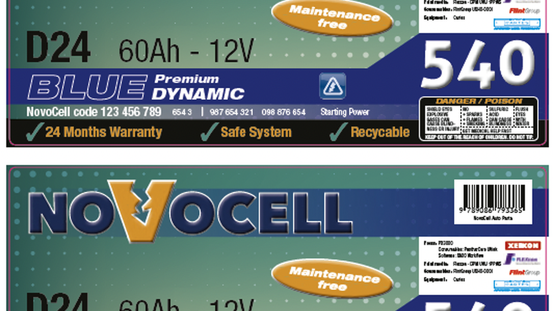 Etikett für Autobatterie „NovoCell Blue Premium Dynamic“ mit Leistungsdaten 60Ah – 12V und Warnhinweisen.